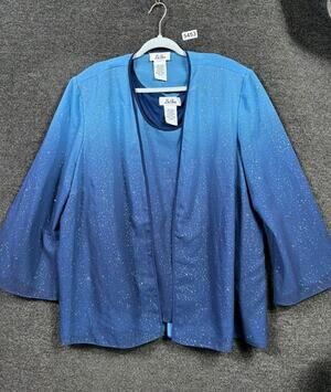 LE BOS Open Front Knit Suit Jacket Blazer Cardigan With Top Sz 24W Blue Sparkle